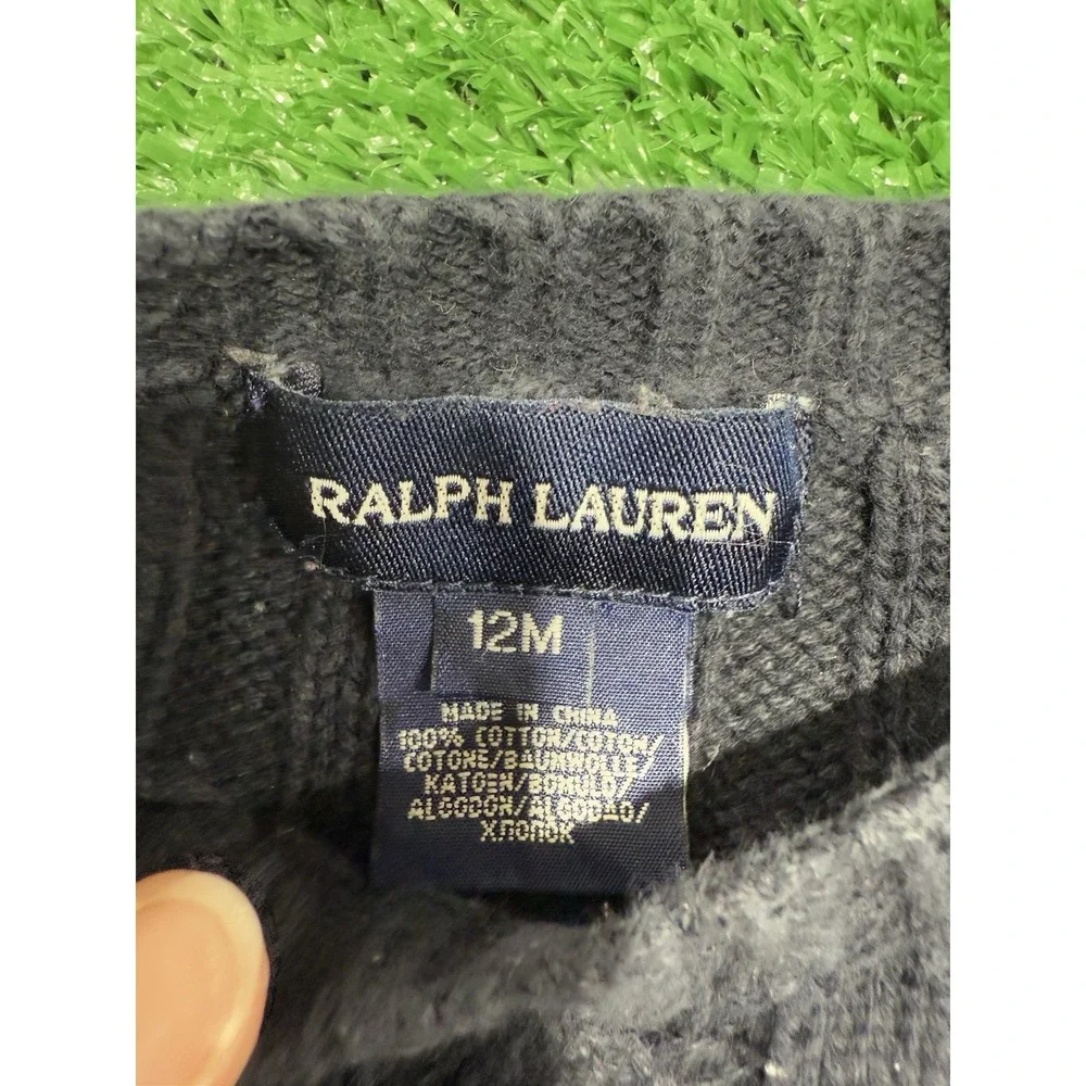 Ralph Lauren baby girl Navy Blue cable knit puff sleeve sweater 12 months cotton